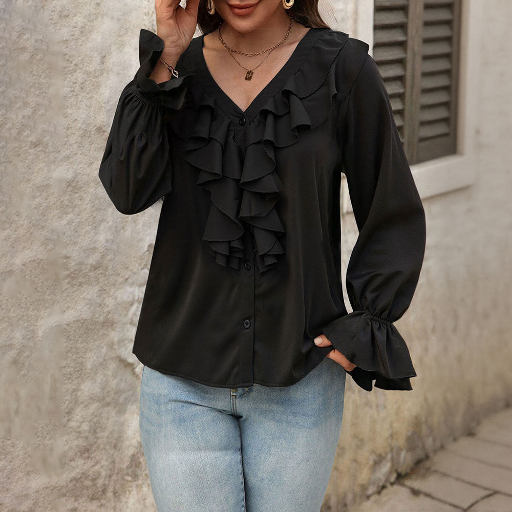 Blouse pour femme avec des détails de volants élégants et un chic col en V Levoire