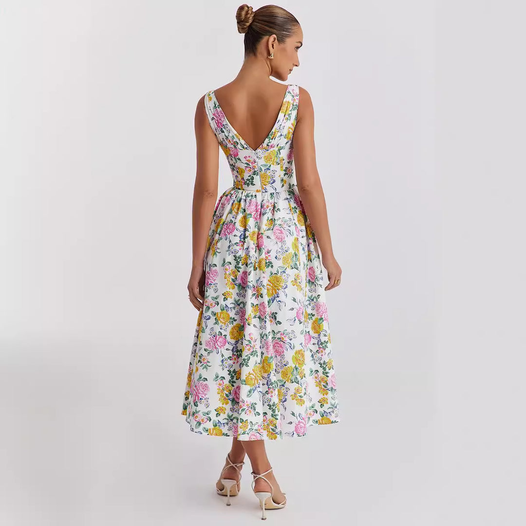 Robe midi pour femme avec motif floral et élégant col en V Levoire