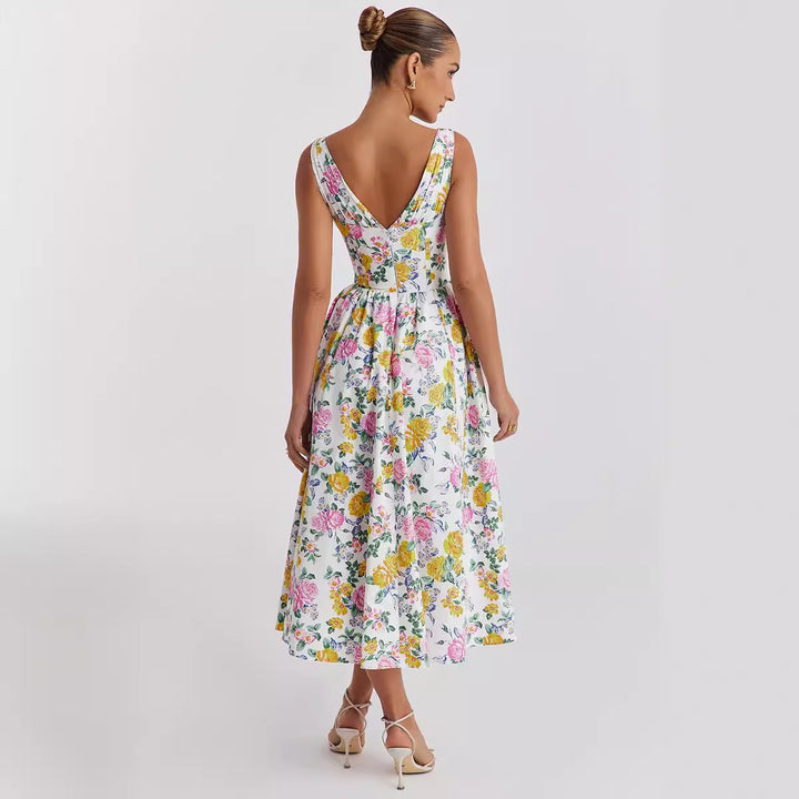 Robe midi pour femme avec motif floral et élégant col en V Levoire