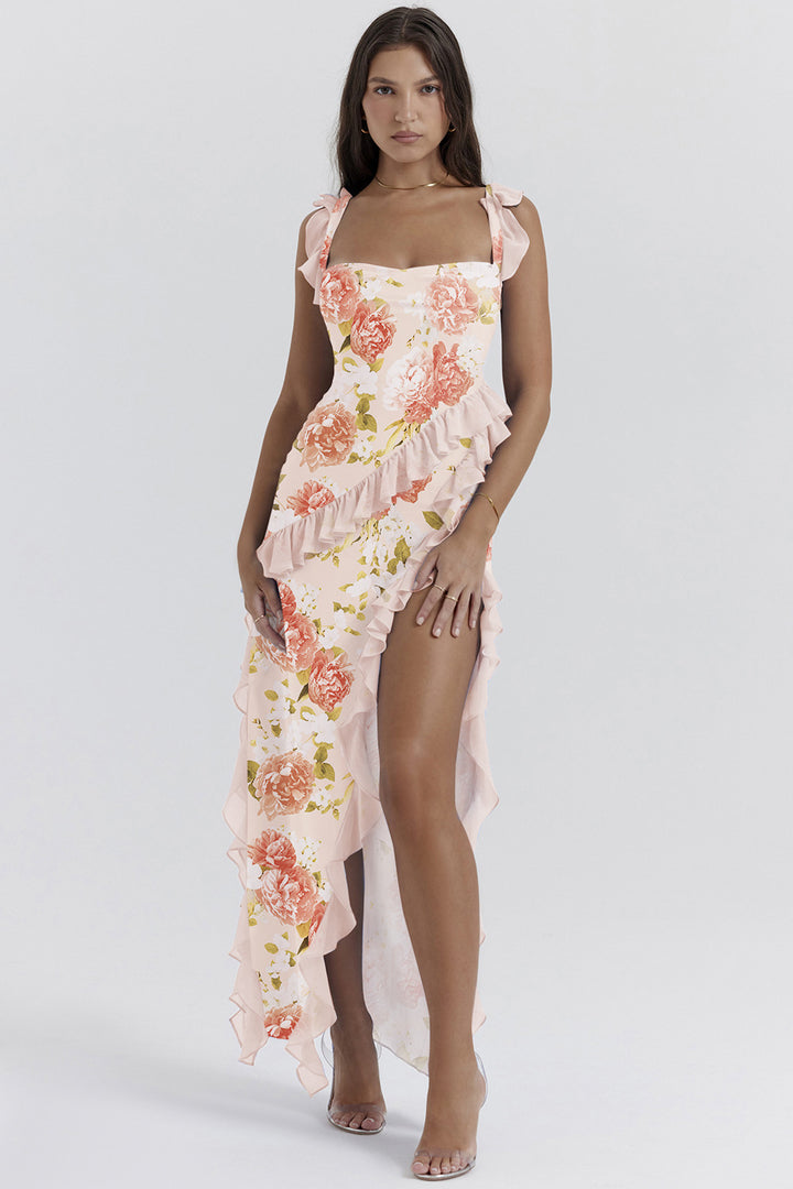 Robe asymétrique élégante pour femmes avec détails en volants et motif floral Levoire