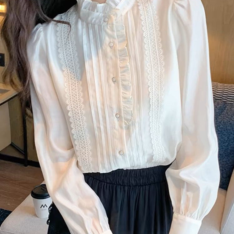 Blouse en Soie de Mûrier avec Col Montant et Volants