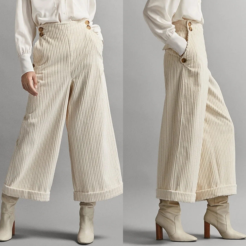 Pantalon large en velours côtelé pour femmes avec boutons décoratifs Levoire
