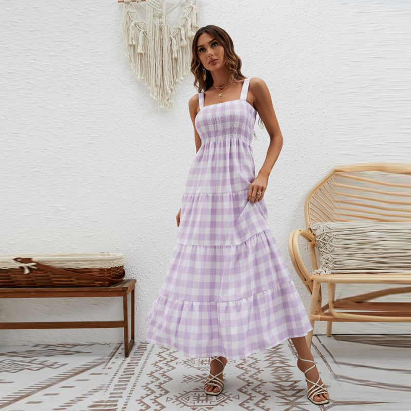 Robe Maxi Aérée pour Femme avec Motif à Carreaux et Corsage Élastique Levoire