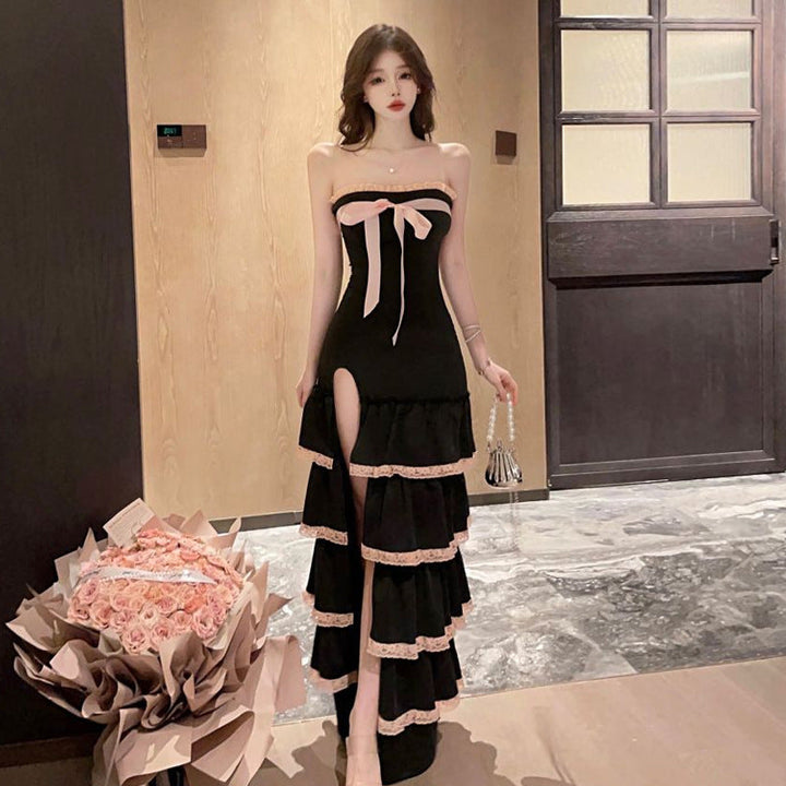 Levoire | V superbe robe bustier à taille haute avec coupe volant noir