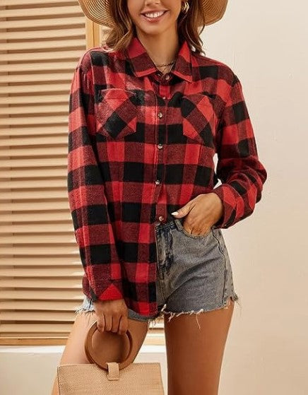 Blouse en flanelle à carreaux pour femme avec détail de nœud Levoire