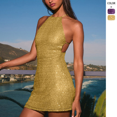 Robe mini scintillante pour femmes avec col montant et détails épaule dénudée Levoire