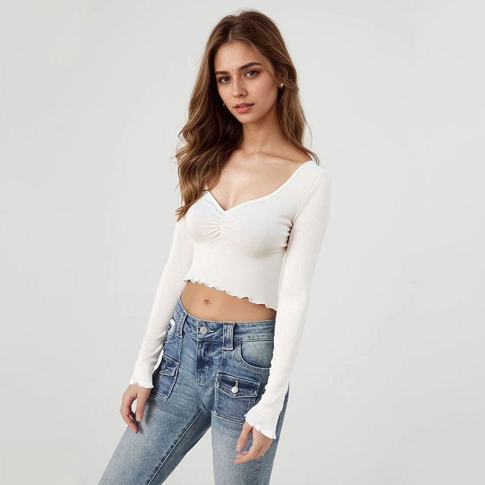 Chemise à manches longues courte pour femmes avec ourlet froncé ludique Levoire