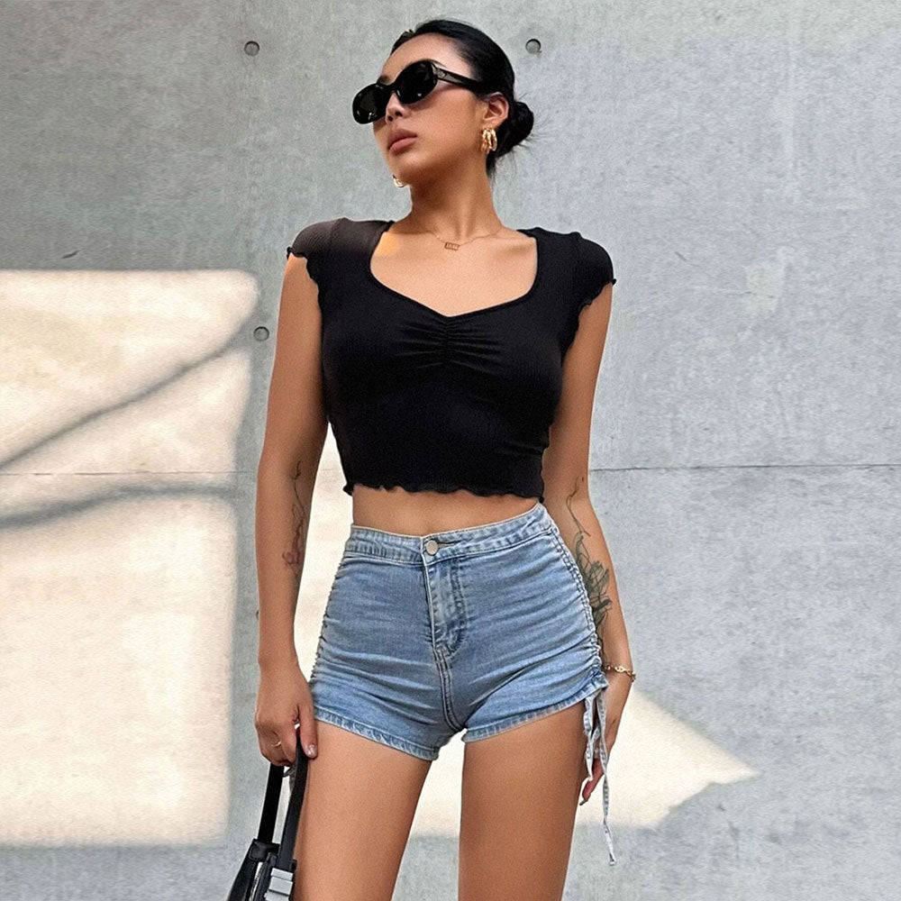 Haut court pour femmes avec fronces élastiques et décolleté en V tendance Levoire