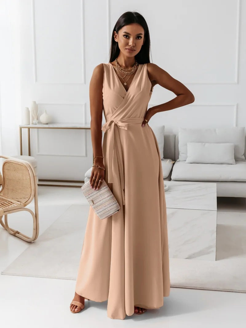 Levoire | Robe Maxi Sans Manches À Décolleté En V Délicat Pour Femmes Khaki
