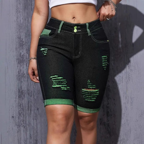 Shorts en denim déchirés pour femmes avec taille haute et accents néon Levoire