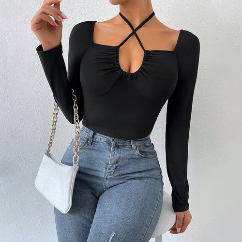 Top court à manches longues pour femmes avec design croisé à la mode et fronces Levoire
