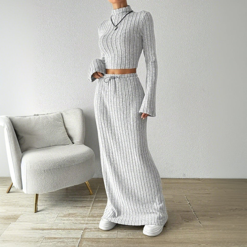 Ensemble crop top à manches longues pour femmes et jupe maxi avec texture côtelée élégante Levoire