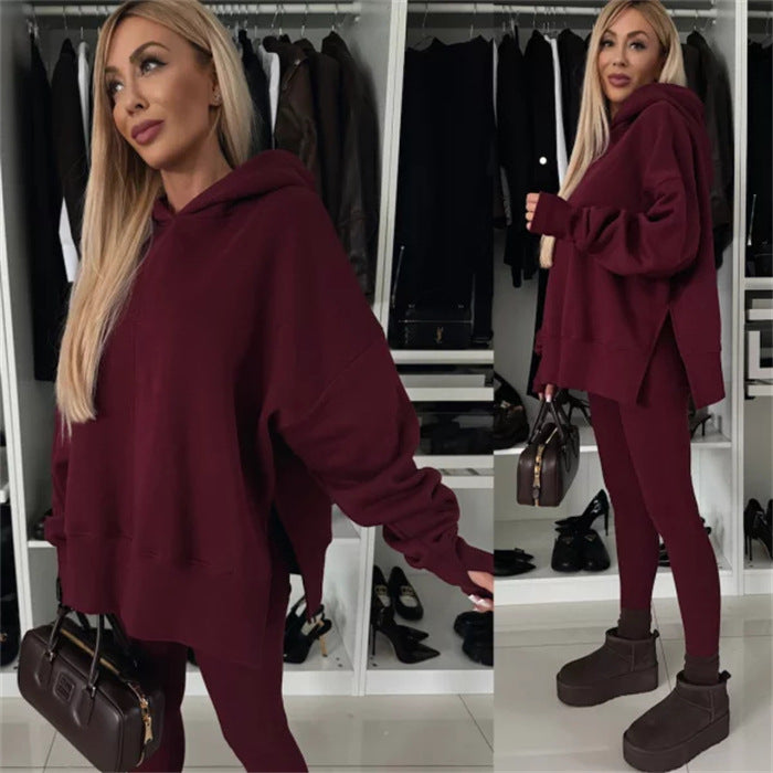 Levoire | Trendikampi uni couleur imprimé hoodie ensemble Bordeaux