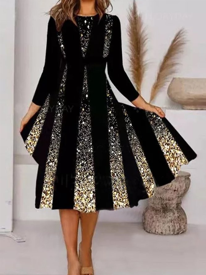 Levoire | Rentoa Print Col Ronde Mi-Longue Robe à Manches Longues Noir doré
