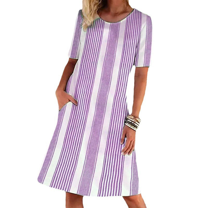 Levoire | Robe d'été rayée décontractée avec décolleté rond et manches courtes