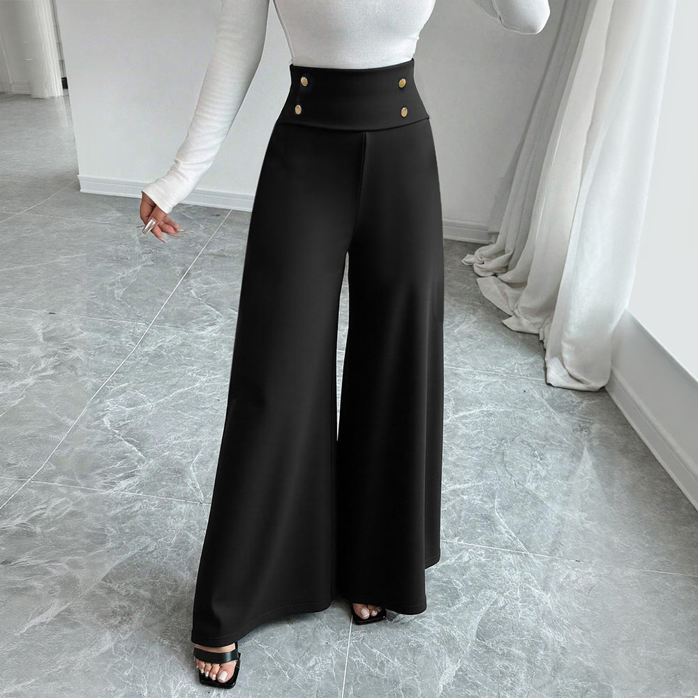 Pantalons Palazzo larges pour femmes avec taille haute et détails de bouton décoratif Levoire