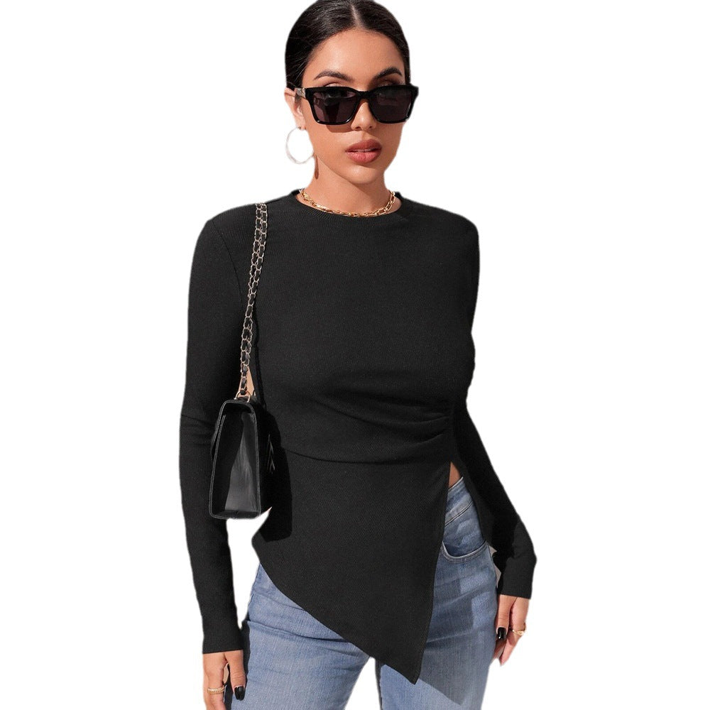 Blouse enveloppante à manches longues pour femmes avec coupe asymétrique et volants élégants Levoire