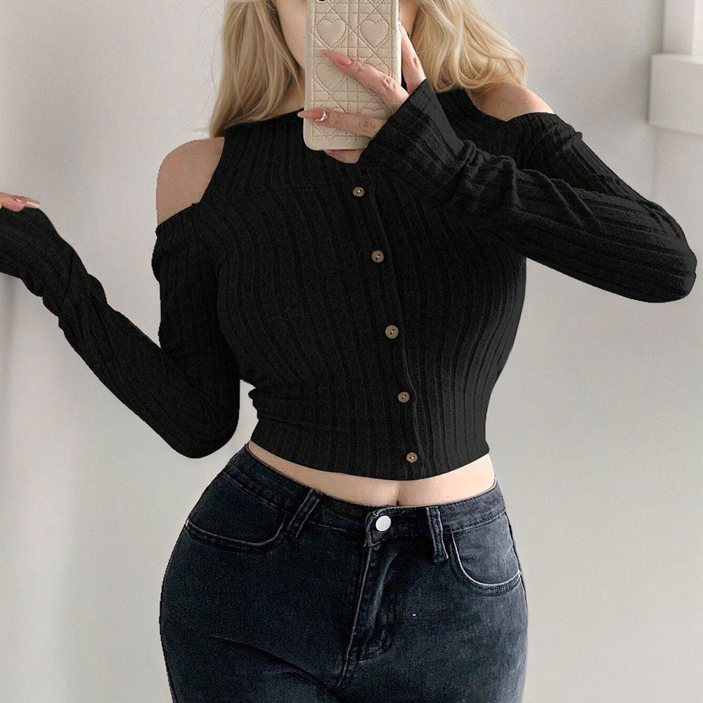 Pull long à manches longues pour femmes, court, avec détails épaules dénudées et fermeture à boutons Levoire