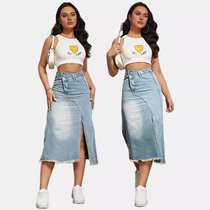 Jupe en denim longue pour femme avec fente asymétrique et ourlet effiloché Levoire