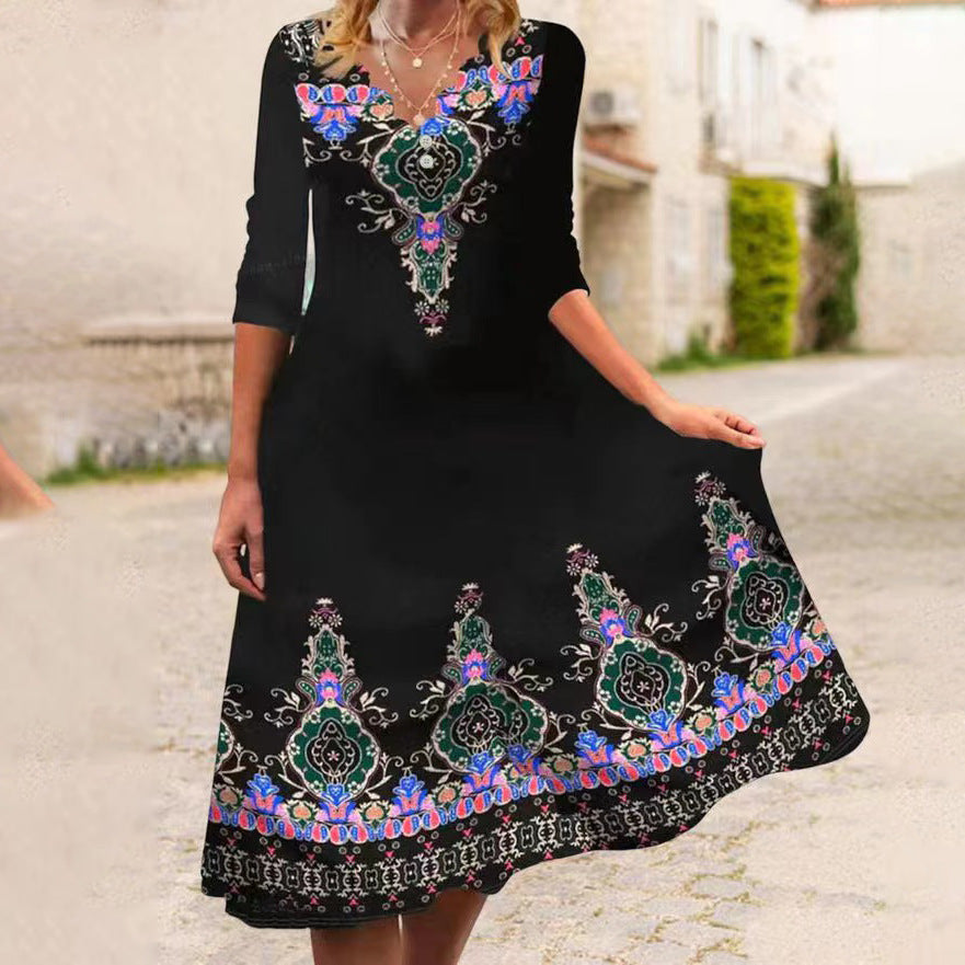 Levoire | Élégante robe mi-longue à manches avec imprimé printanier A1