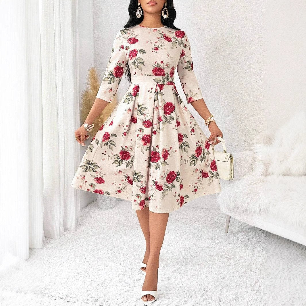 Levoire | Robe midi à motifs floraux élégante avec demi-rouleaux Abricot