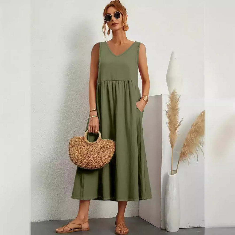 Levoire | Élégant été unicolore sans manches à poches robe V neck Olive vert