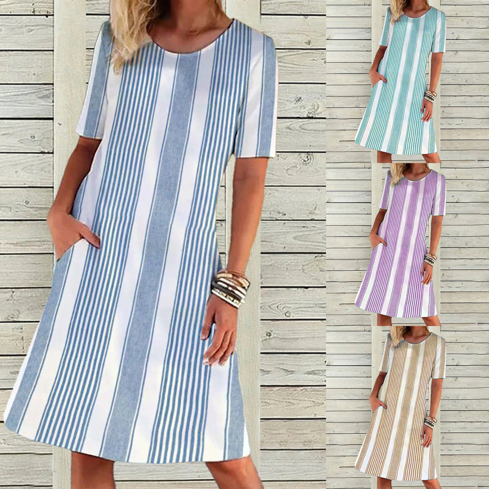 Levoire | Robe d'été rayée décontractée avec décolleté rond et manches courtes
