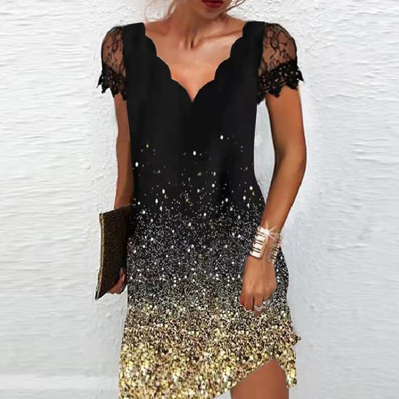 Levoire | Moderne Aaltomainen V-col Longue Manche Courte Robe Dot or.