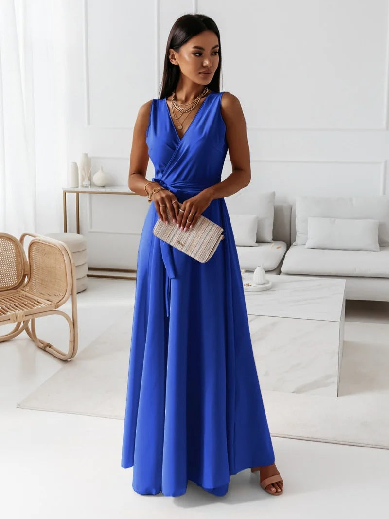 Levoire | Robe Maxi Sans Manches À Décolleté En V Délicat Pour Femmes Bleu