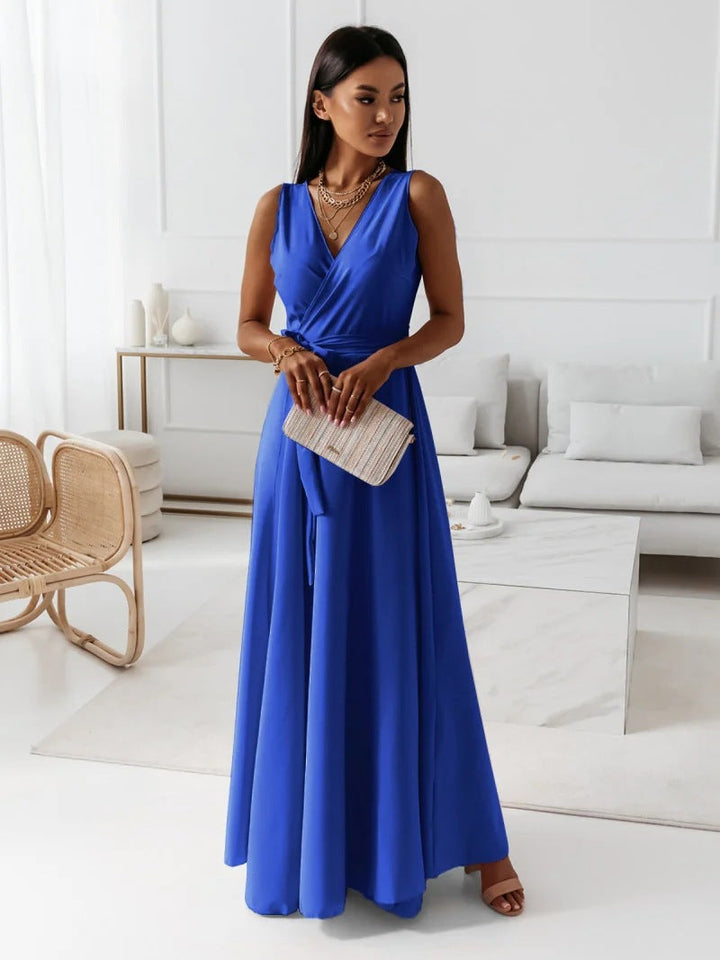 Levoire | Robe Maxi Sans Manches À Décolleté En V Délicat Pour Femmes Bleu