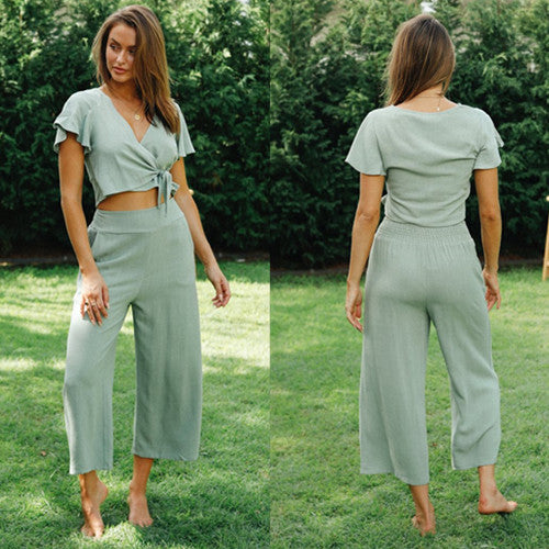 Ensemble pour femme deux pièces avec haut noué et pantalon à jambes larges Levoire