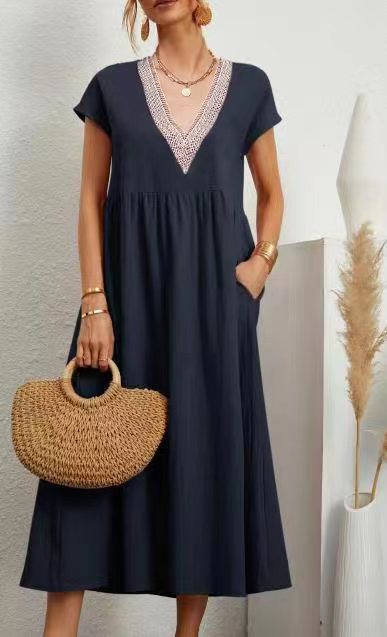 Levoire | Robe À Poches, À Manches Courtes, Ample, Avec Décolleté En V En Coton Et Lin Bleu