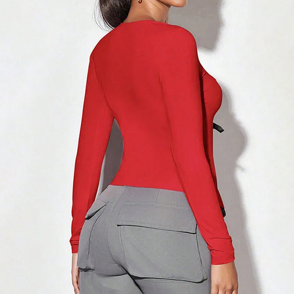 Blouse à manches longues pour femmes avec décolleté en clé séduisant et nœuds sophistiqués Levoire
