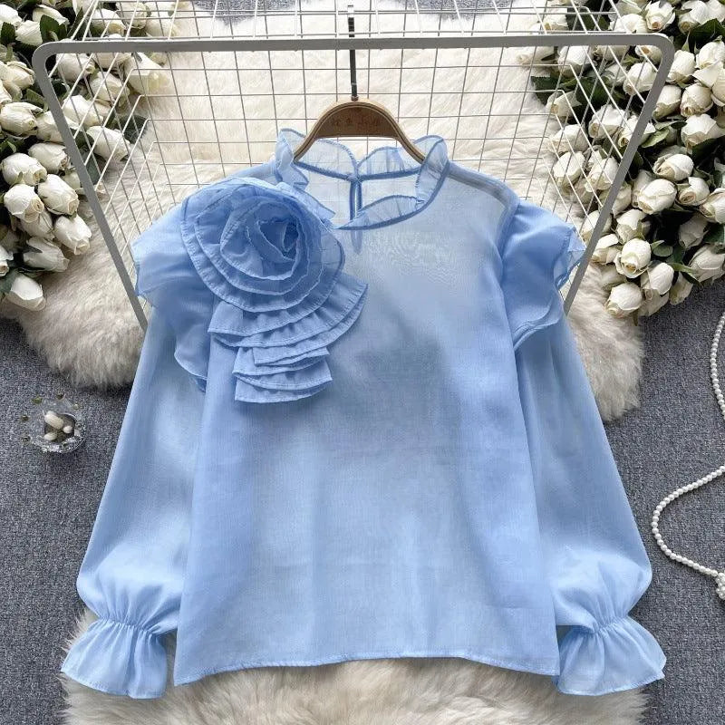 Levoire | Dolce Chiffon-blouse à manches bouffantes Bleu Taille libre