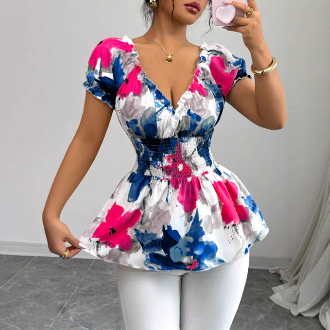 Blouse femme avec volants floraux et taille élastique Levoire