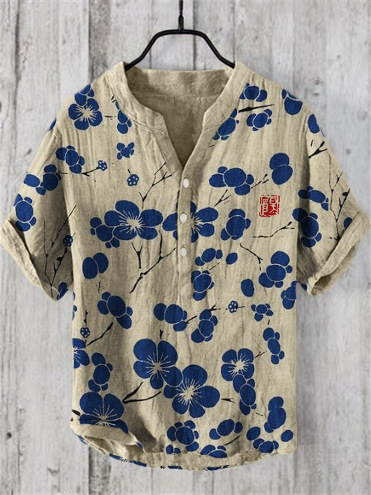 Levoire | Chemise Japonaise En Mélange De Lin Fleur de cerisier bleu