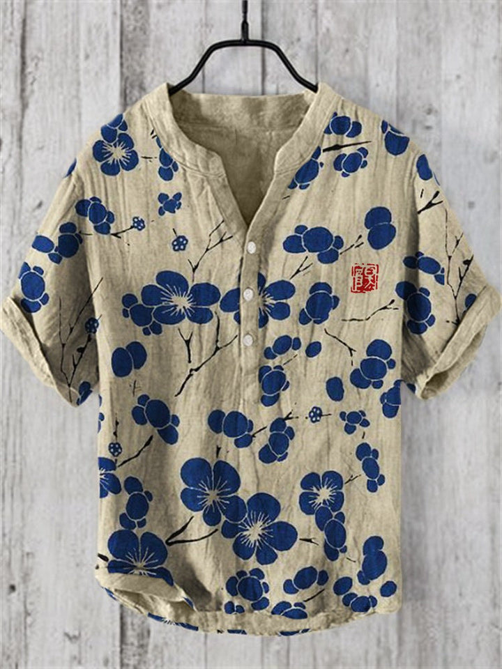 Levoire | Chemise Japonaise En Mélange De Lin Fleur de cerisier bleu
