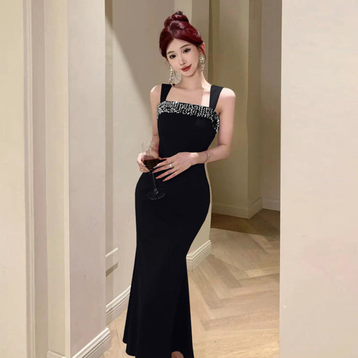 Levoire | Imprimé à pois Paillettes Taille carrée Robe à bretelles Noir
