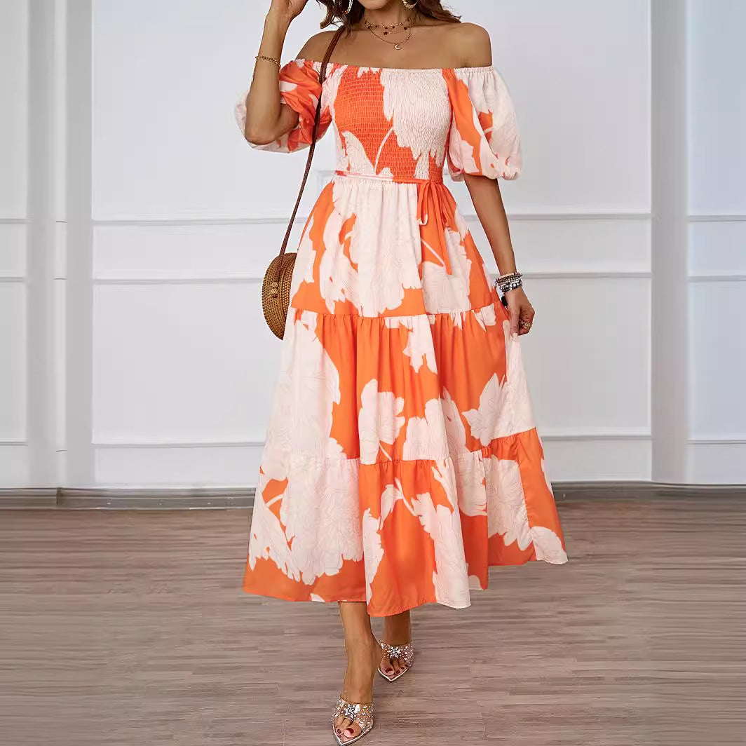 Robe Maxi Femme à Epaule Dégagée avec Manches Volumineuses et Imprimé Levoire