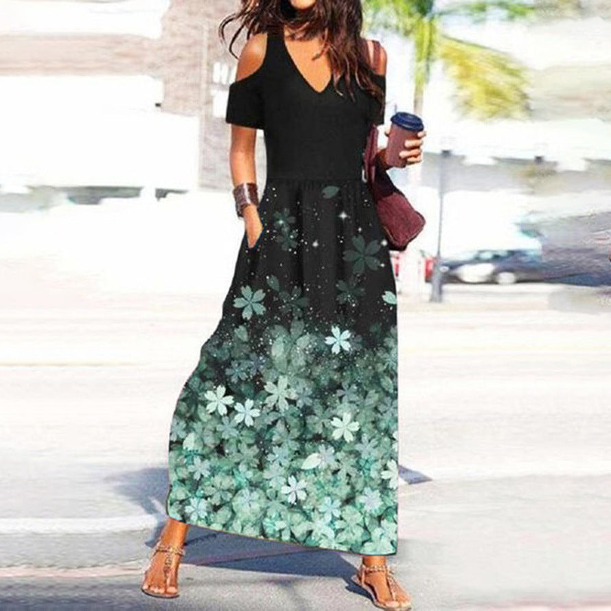 Levoire | Chic Floral Print V-Haul Off-Shoulder Robe Bleu ciel