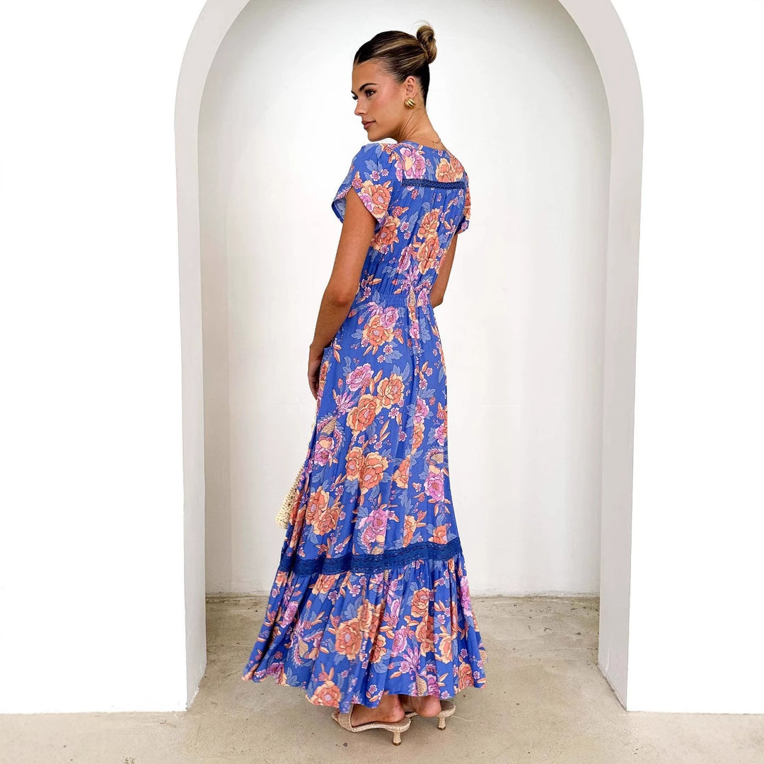 Robe maxi pour femmes avec motif floral et décolleté en V profond Levoire