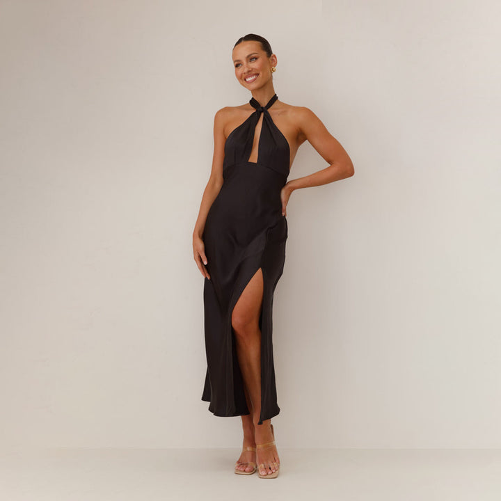 Robe maxi à col halter pour femme avec fente latérale et tissu scintillant Levoire