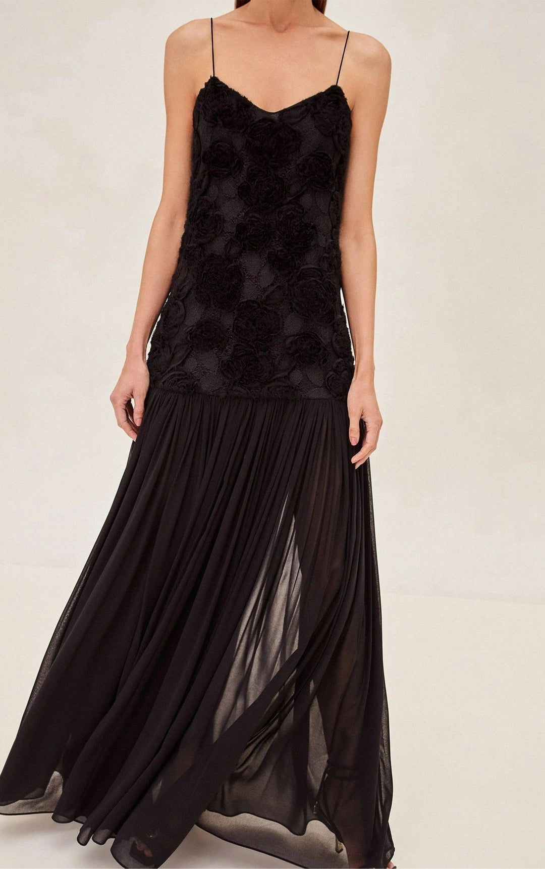 Levoire | Robe sans manches à bretelles spaghettis à patchwork floral chic noir