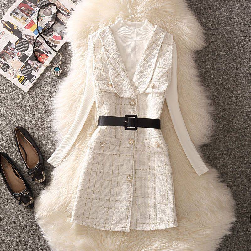 Levoire | Gilet À Carreaux Avec Col Remonté Et Ensemble De Pull Blanc