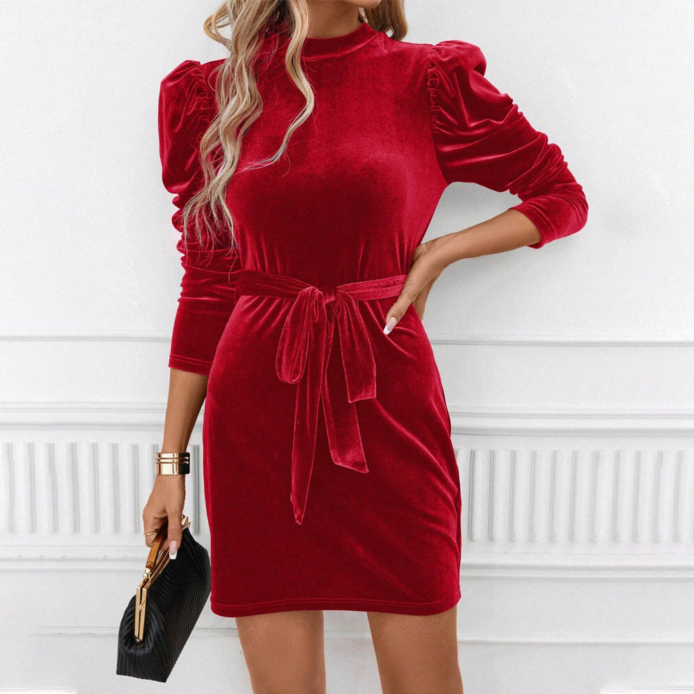 Robe mini en velours élégante pour femmes avec ceinture à nœud et manches bouffantes sophistiquées Levoire