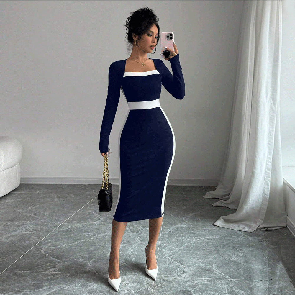 Robe midi ajustée pour femmes avec décolleté carré et accents contrastants Levoire