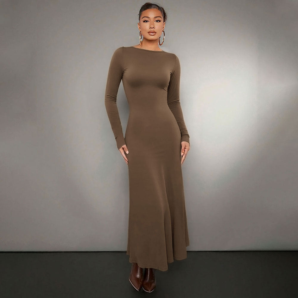 Robe midi à manches longues pour femmes avec un élégant col rond et un ourlet flottant Levoire