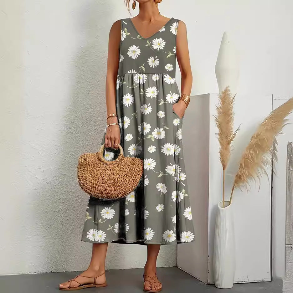 Levoire | Robe d'été imprimée à encolure en V sans bretelles élégante avec poches Couleur matcha