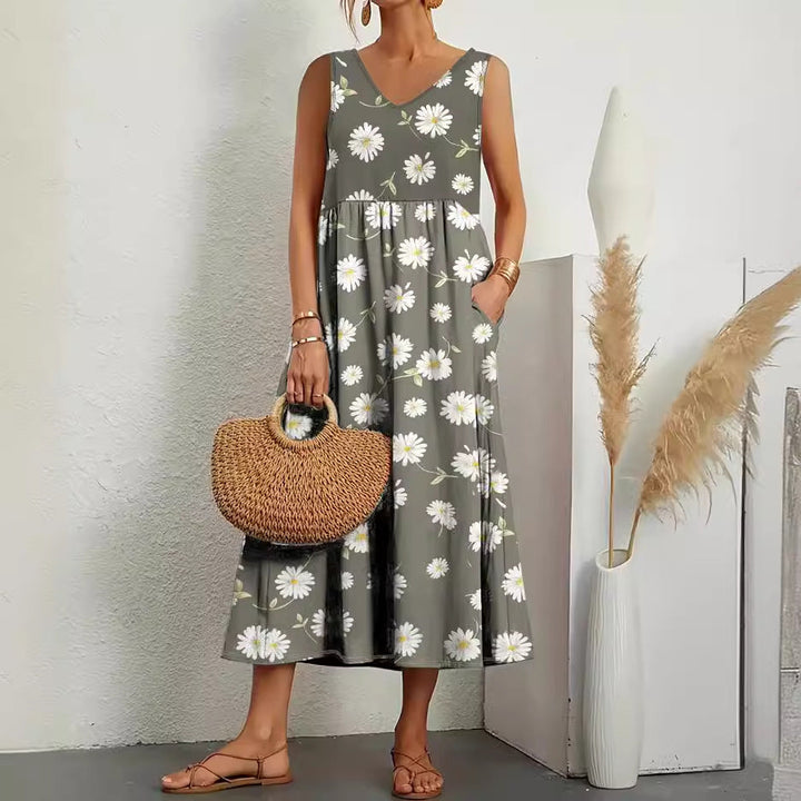 Levoire | Robe d'été imprimée à encolure en V sans bretelles élégante avec poches Couleur matcha