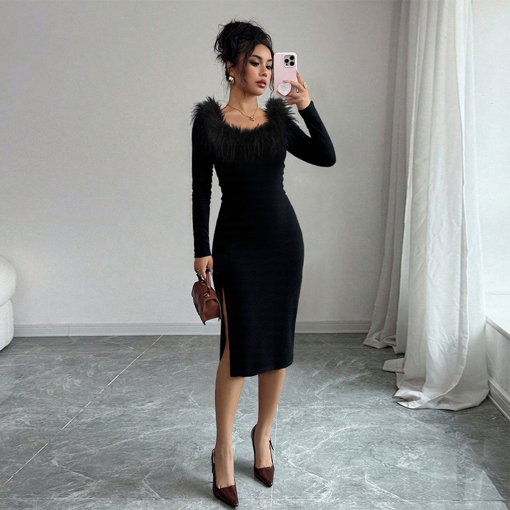 Robe midi pour femme avec décoration en plumes élégante et fente sur le côté Levoire